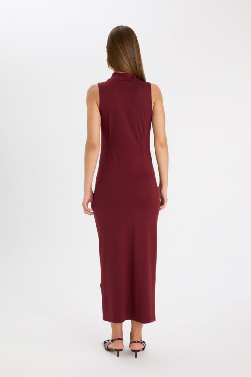 Kadın Bordo Bodycon Vücuda Oturan Basic Düz Yarım Balıkçı Yaka Kolsuz Maxi Bordo Elbise
