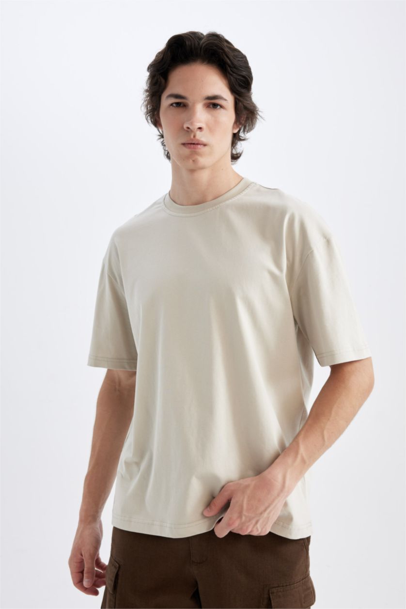 Erkek Bej Boxy Fit Bisiklet Yaka Basic Düz Kısa Kollu Tişört