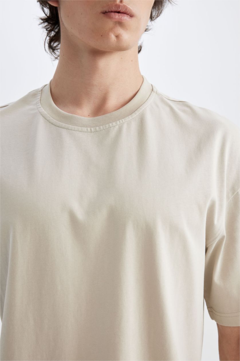 Erkek Bej Boxy Fit Bisiklet Yaka Basic Düz Kısa Kollu Tişört