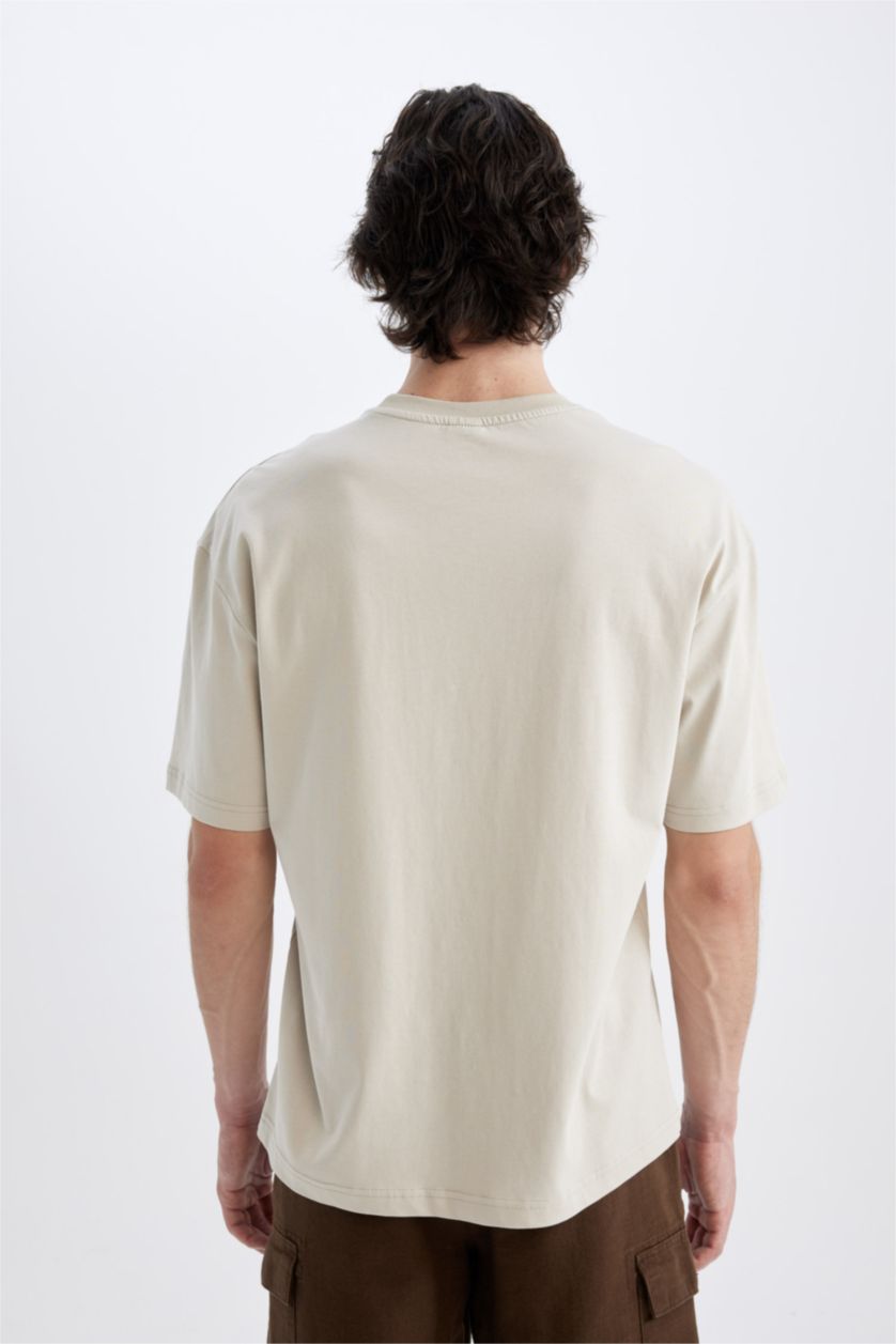 Erkek Bej Boxy Fit Bisiklet Yaka Basic Düz Kısa Kollu Tişört