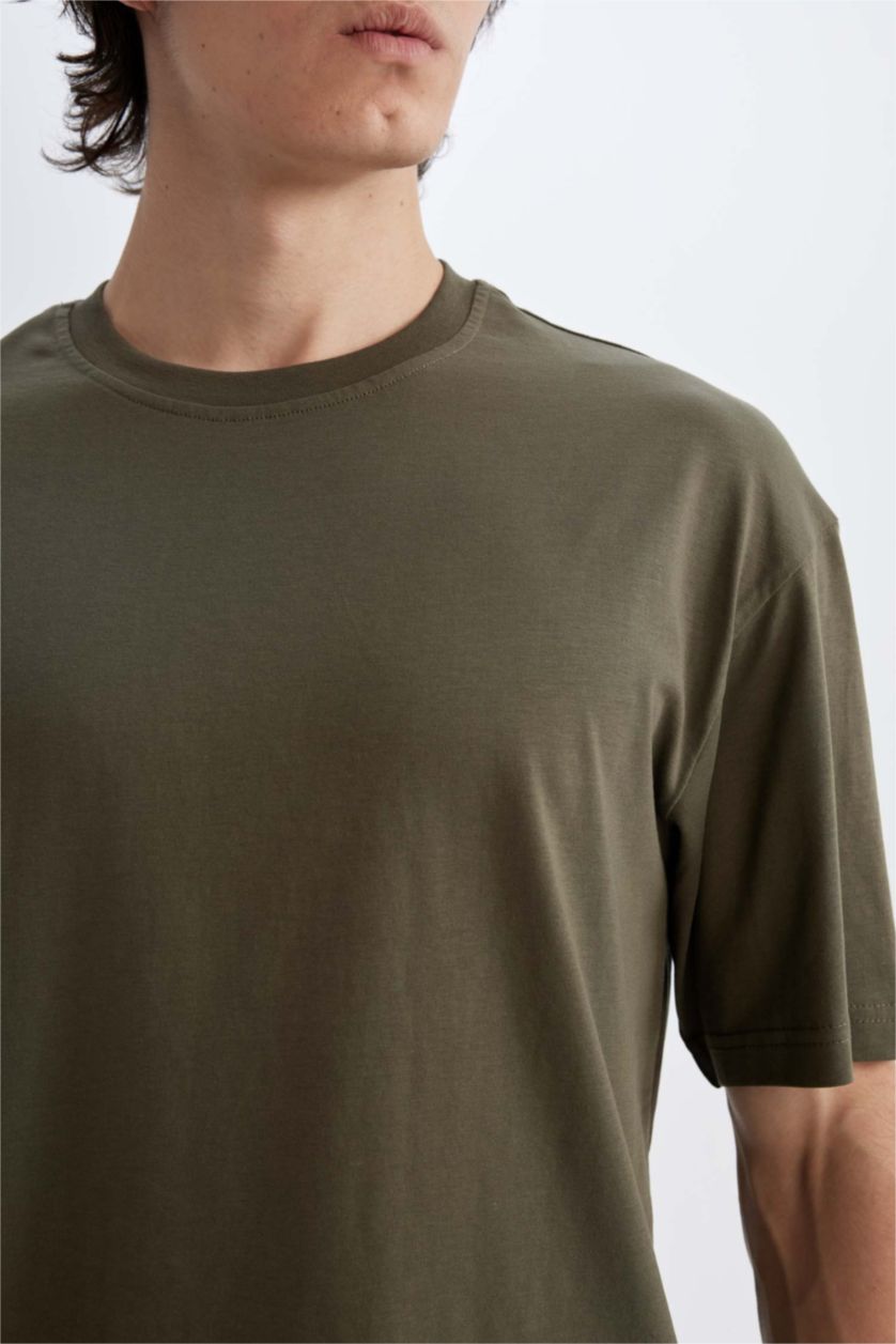 رجال كاكي تى شيرت أوفر سايز بياخة مستديرة