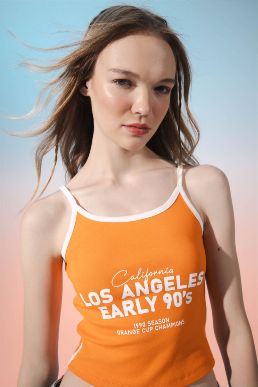 WOMAN Orange Fitted Printed Ribbon Tank Top