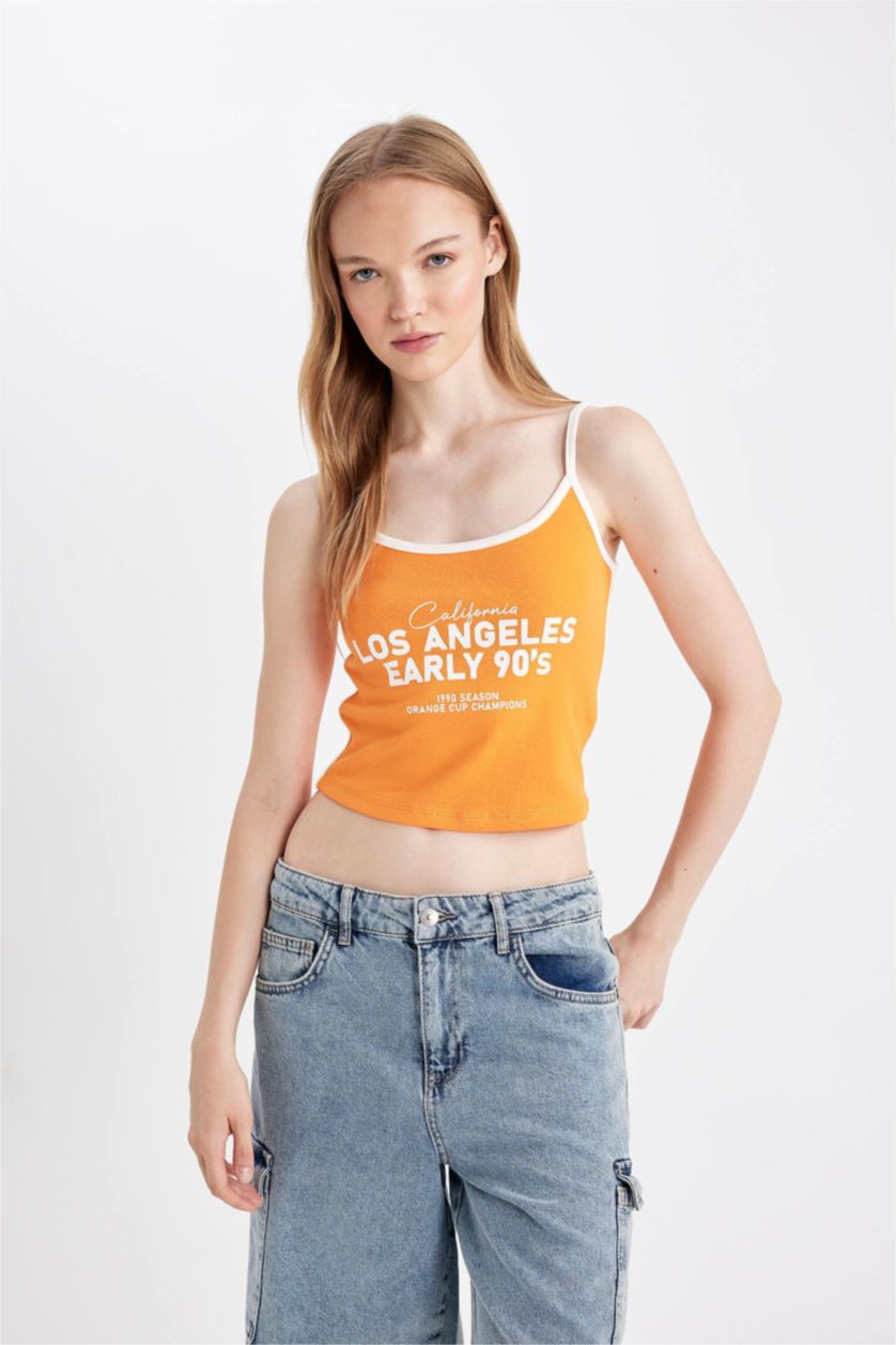 WOMAN Orange Fitted Printed Ribbon Tank Top