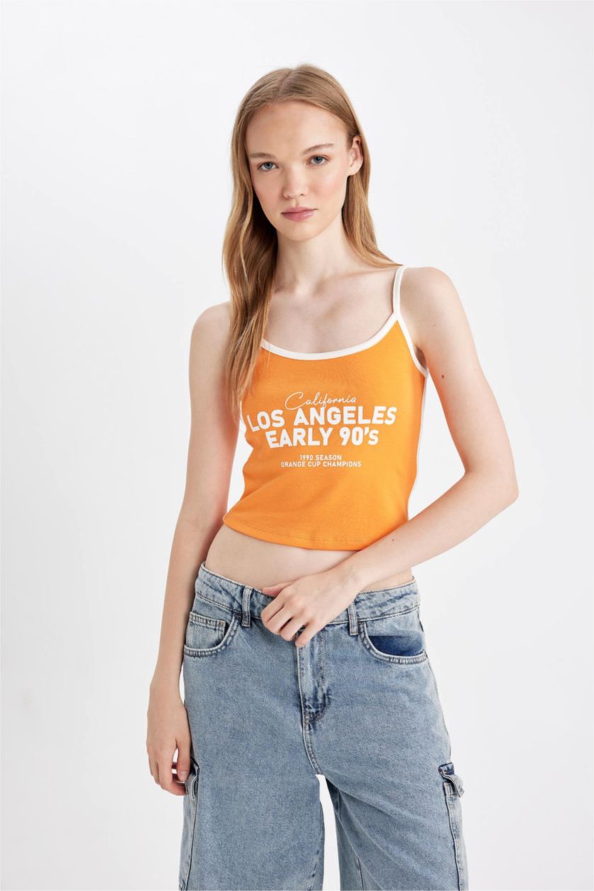 WOMAN Orange Fitted Printed Ribbon Tank Top