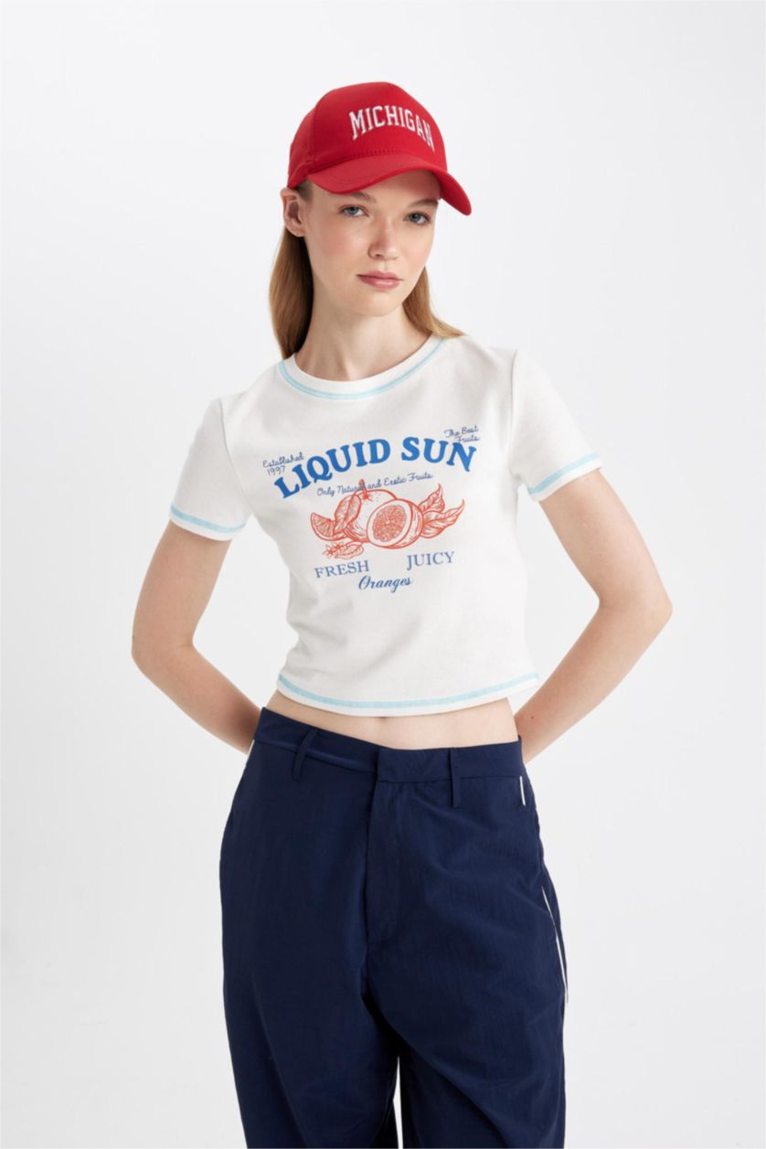 نساء اوف وايت تيشيرت قصير نص كم سليم فيت مضلع برقبة مستديرة