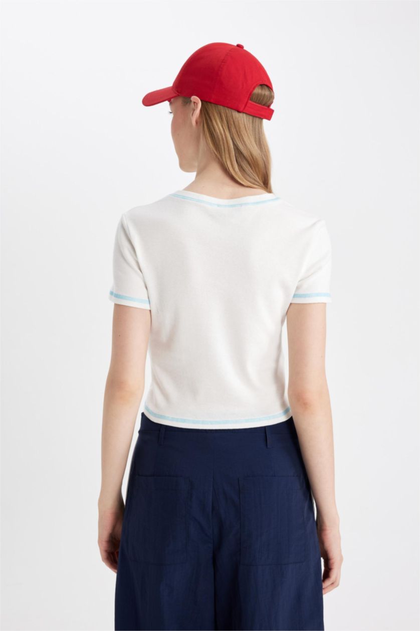 نساء اوف وايت تيشيرت قصير نص كم سليم فيت مضلع برقبة مستديرة