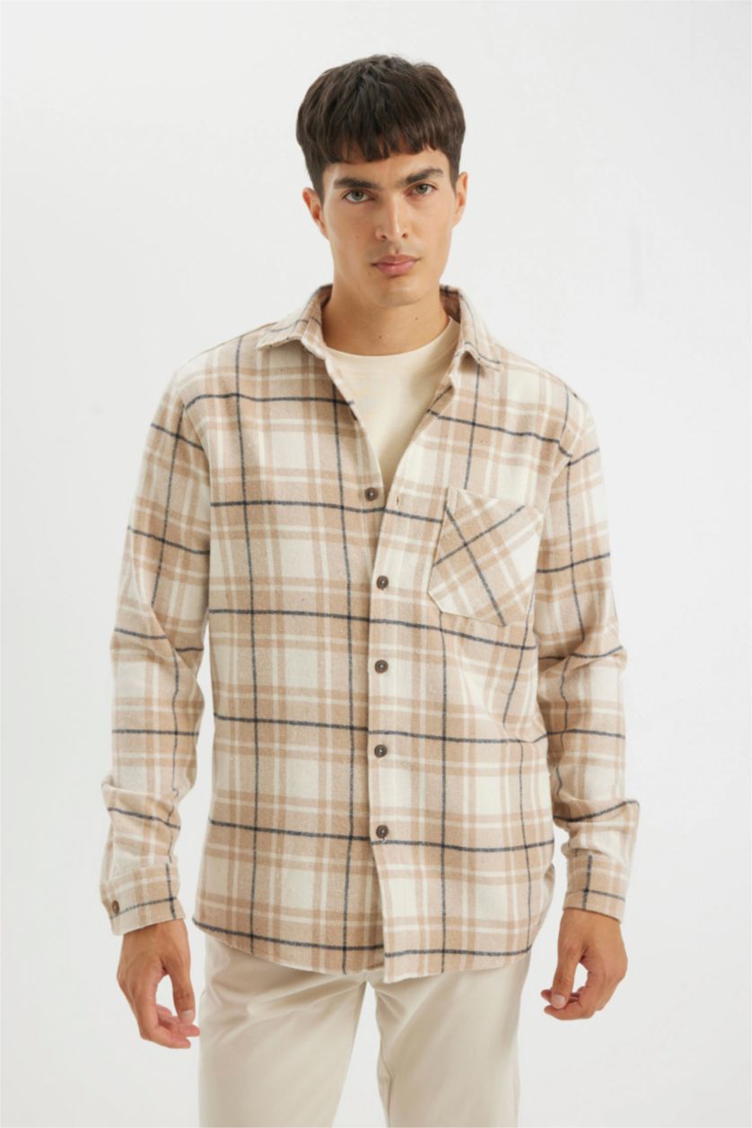 Erkek Kum Regular Fit Polo Yaka Kareli Uzun Kollu Gömlek