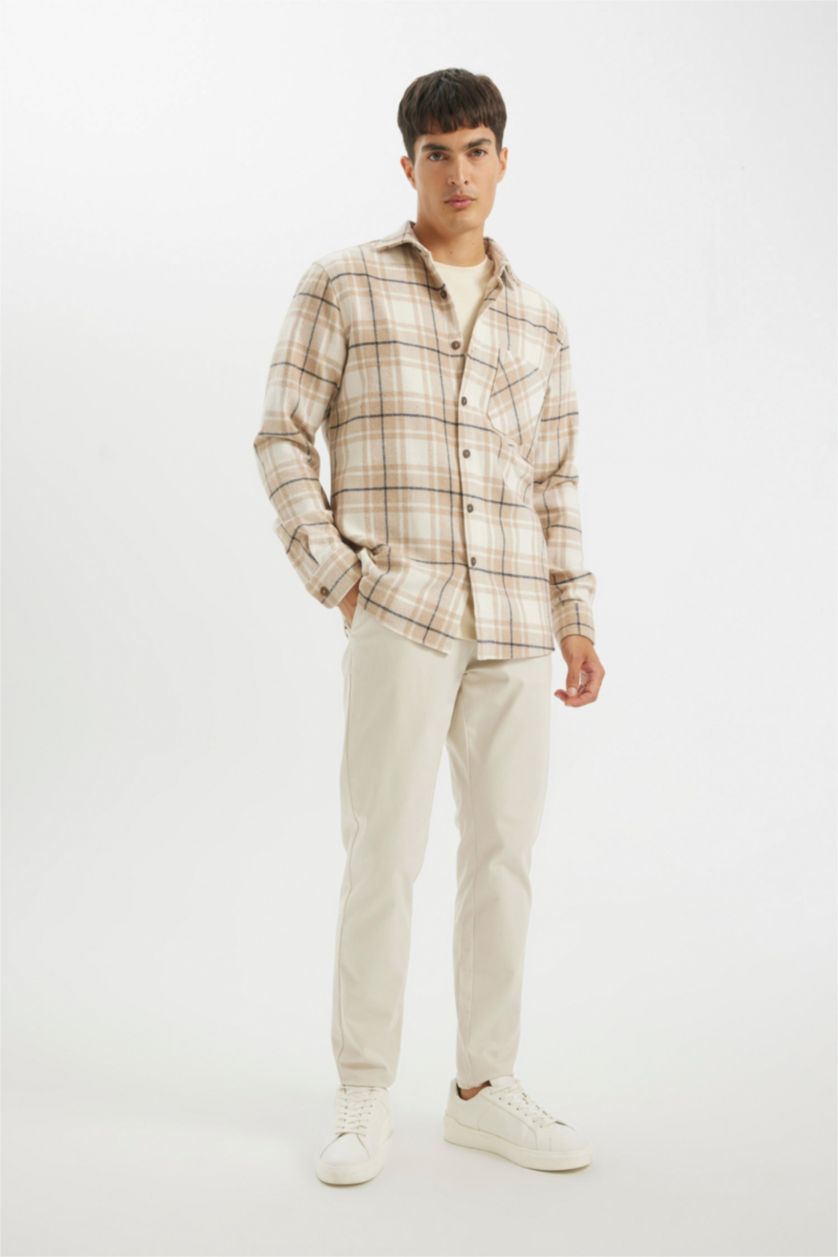 Erkek Kum Regular Fit Polo Yaka Kareli Uzun Kollu Gömlek