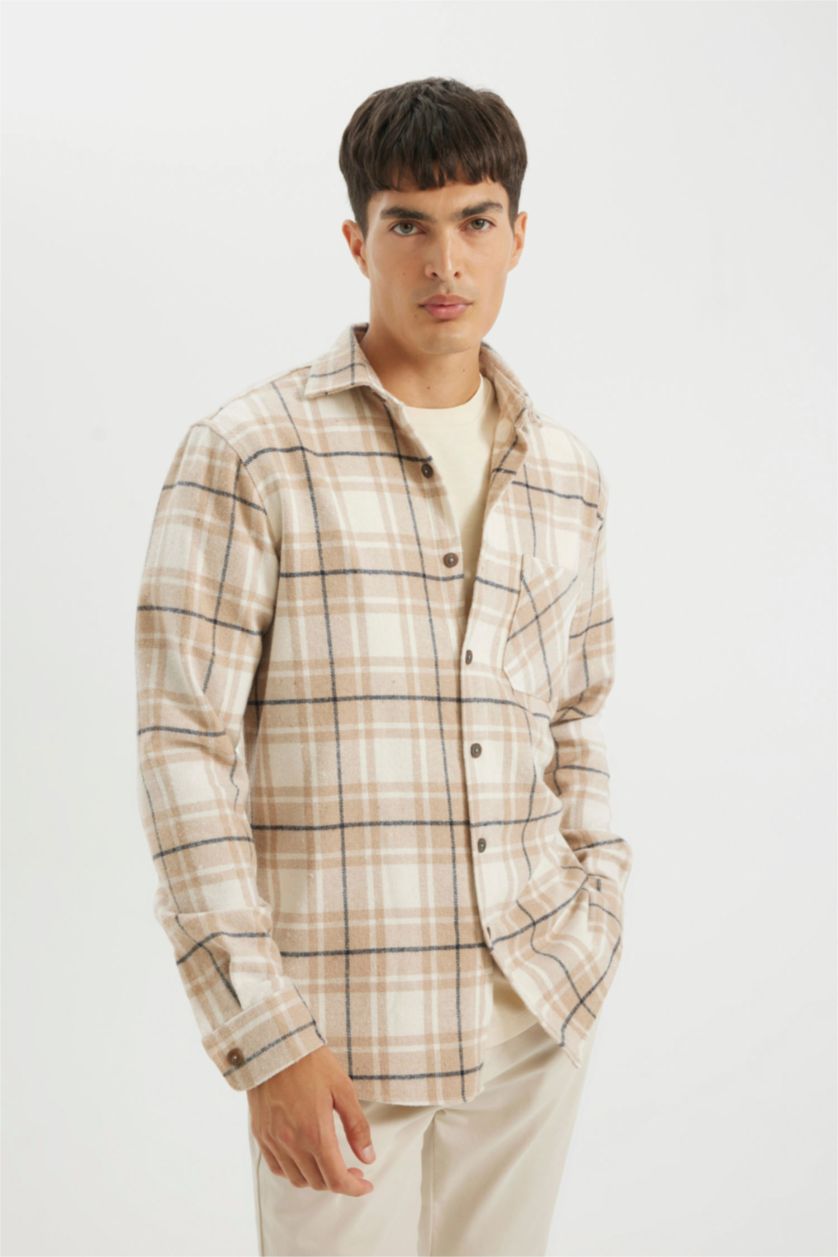 Erkek Kum Regular Fit Polo Yaka Kareli Uzun Kollu Gömlek