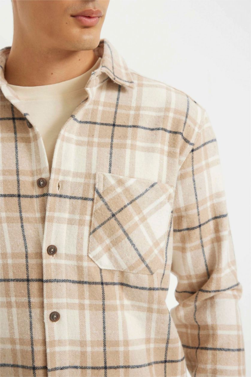 Erkek Kum Regular Fit Polo Yaka Kareli Uzun Kollu Gömlek