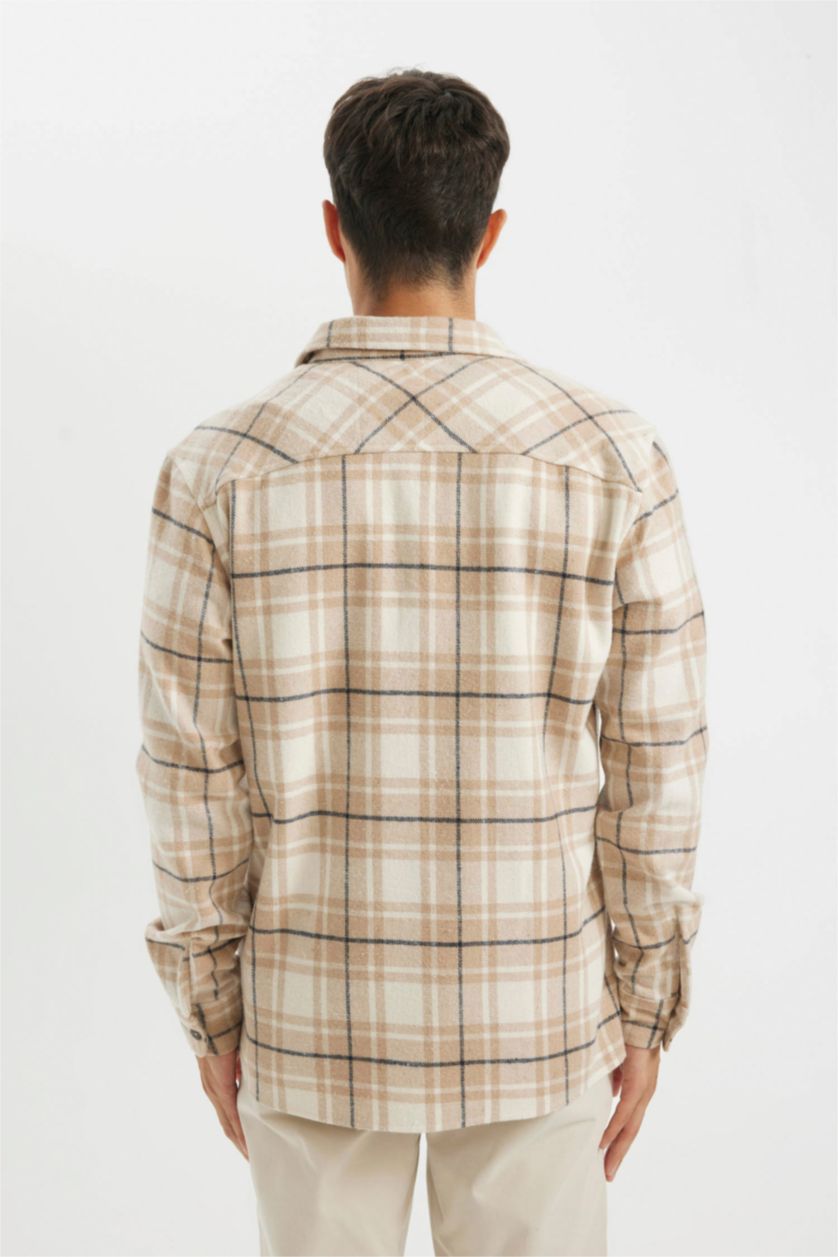 Erkek Kum Regular Fit Polo Yaka Kareli Uzun Kollu Gömlek