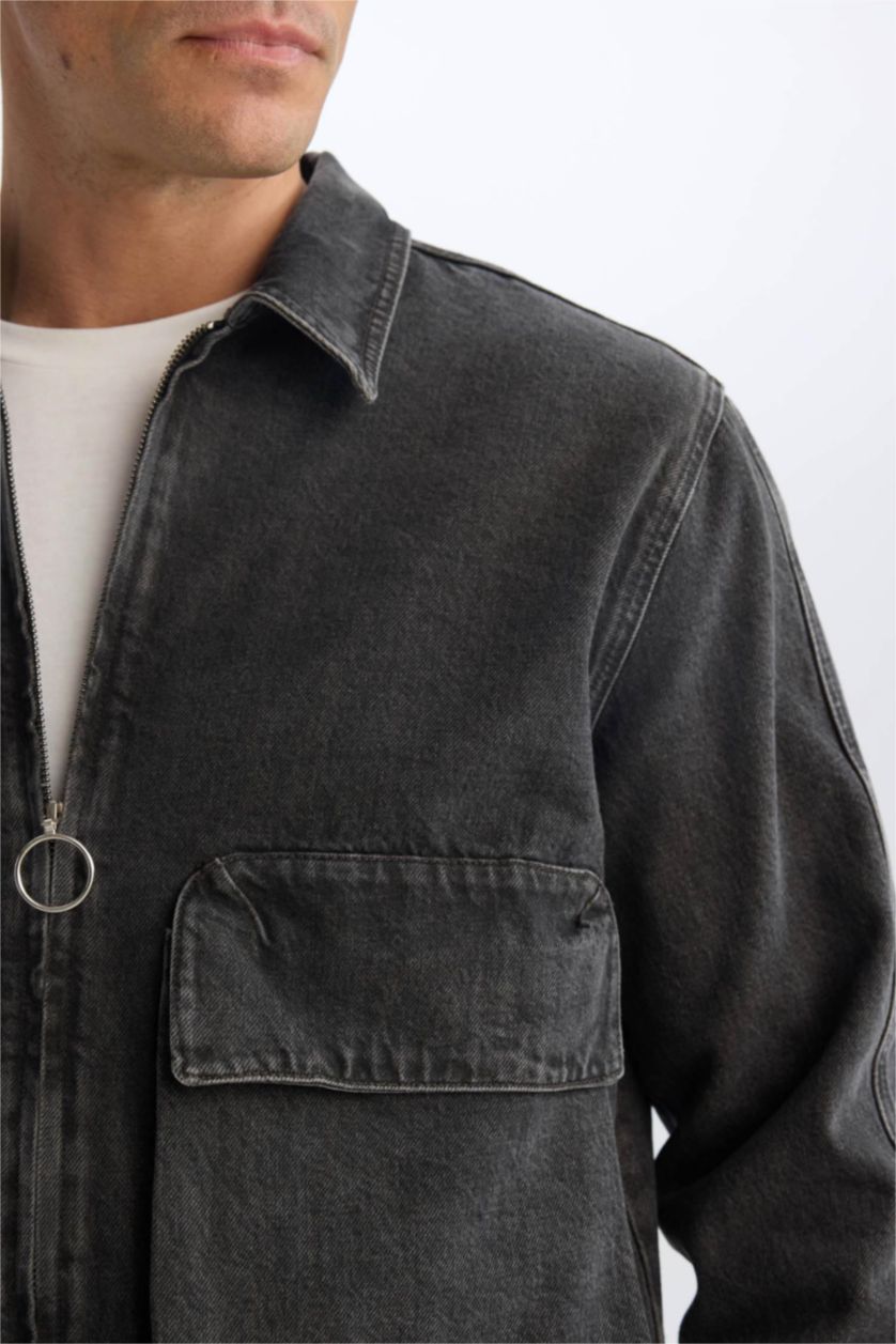 Erkek Antrasit %100 Pamuk Relax Fit Polo Yaka Fermuarlı Cepli Yıkamalı Denim Ceket