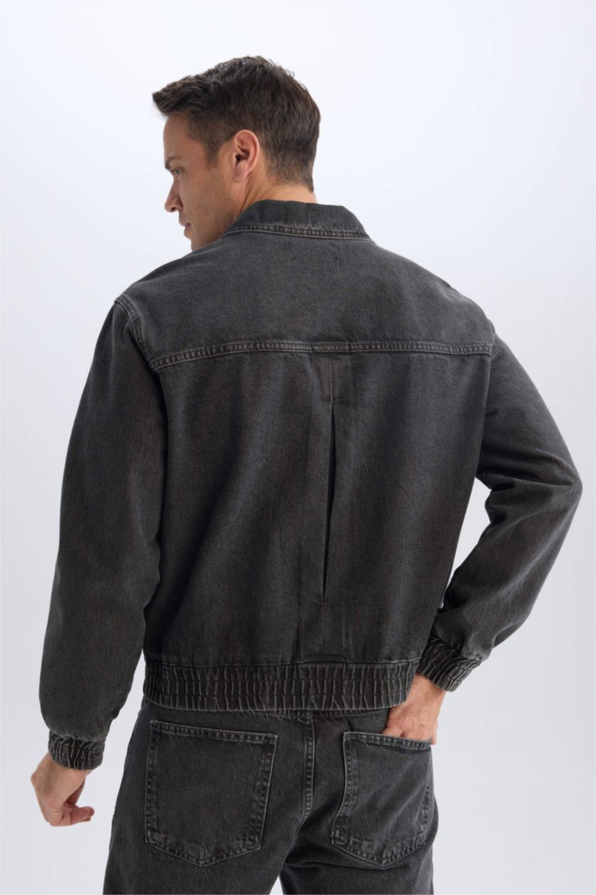Erkek Antrasit %100 Pamuk Relax Fit Polo Yaka Fermuarlı Cepli Yıkamalı Denim Ceket