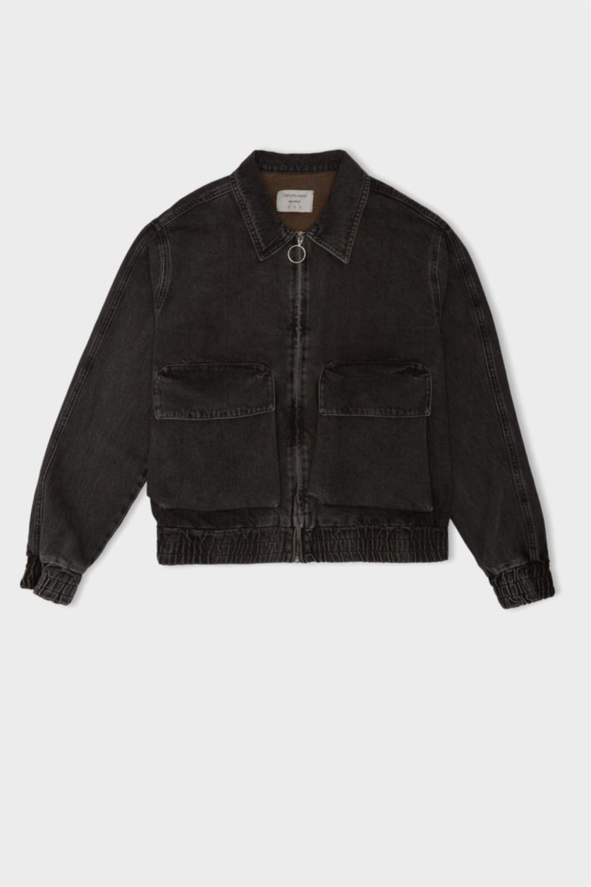 Erkek Antrasit %100 Pamuk Relax Fit Polo Yaka Fermuarlı Cepli Yıkamalı Denim Ceket