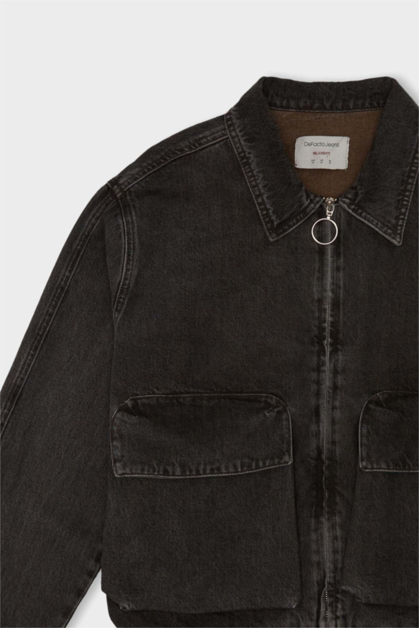 Erkek Antrasit %100 Pamuk Relax Fit Polo Yaka Fermuarlı Cepli Yıkamalı Denim Ceket