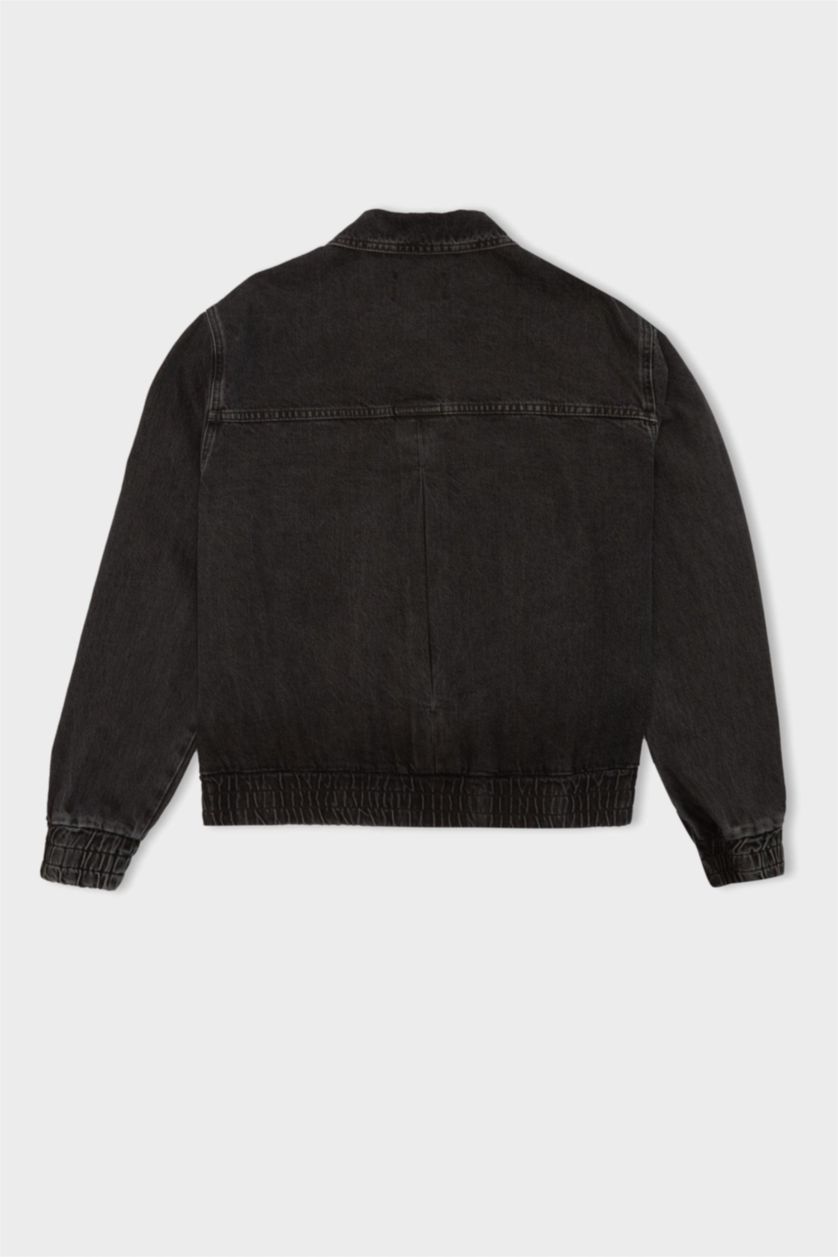 Erkek Antrasit %100 Pamuk Relax Fit Polo Yaka Fermuarlı Cepli Yıkamalı Denim Ceket