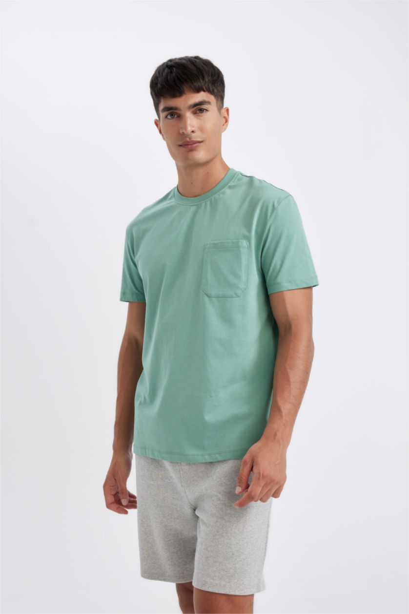 رجال أخضر بلوزة بيجاما قصة عادية برقبة مستديرة بجيب
