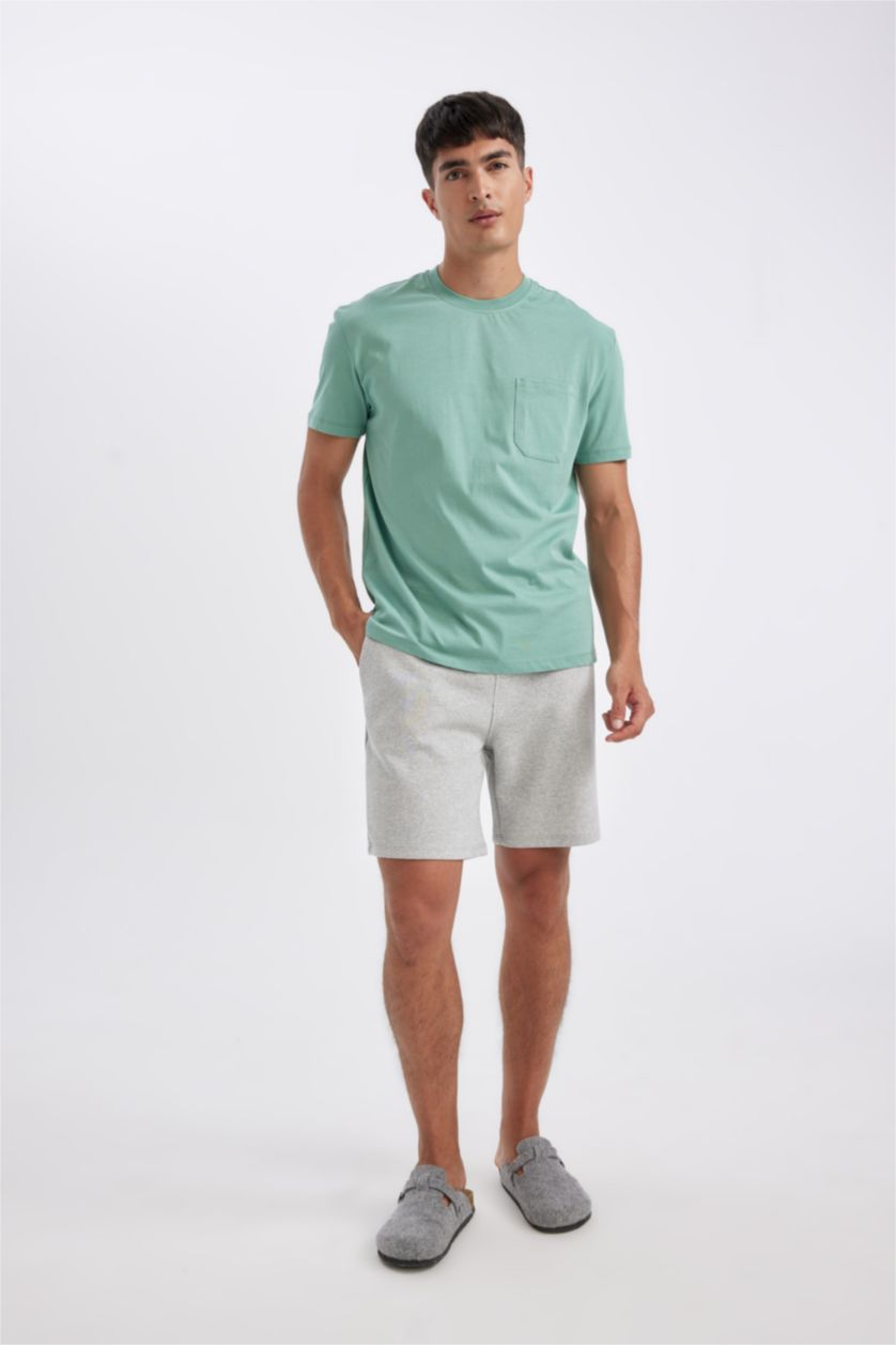 رجال أخضر بلوزة بيجاما قصة عادية برقبة مستديرة بجيب