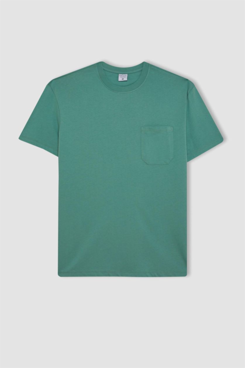 رجال أخضر بلوزة بيجاما قصة عادية برقبة مستديرة بجيب