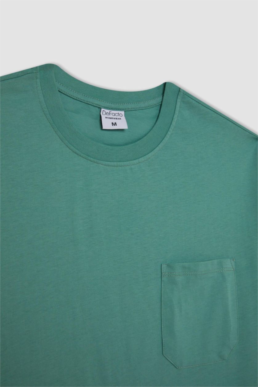 رجال أخضر بلوزة بيجاما قصة عادية برقبة مستديرة بجيب