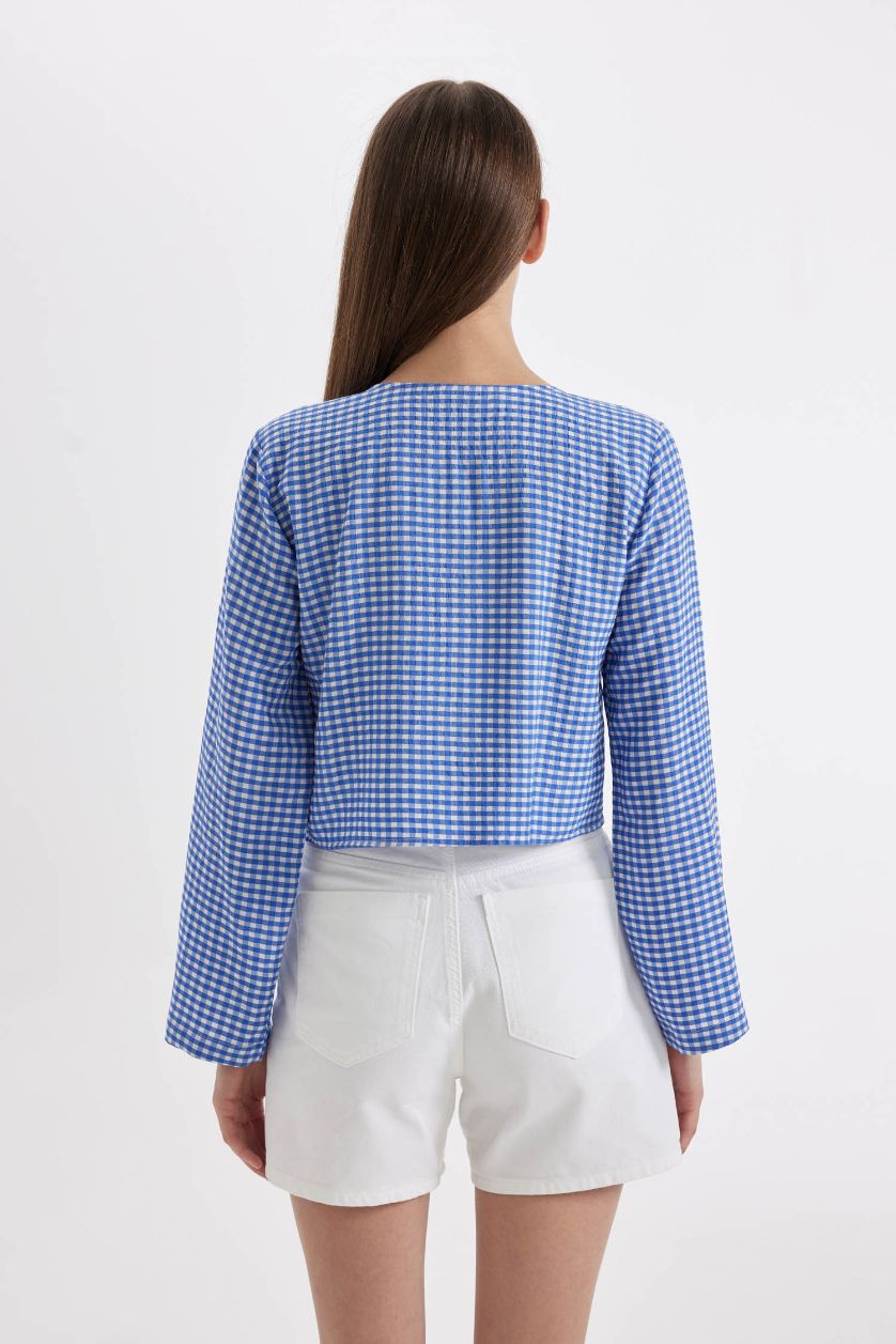 نساء اللون الملكي بلوزة كاروهات كم طويل قصة عادية برقبة V