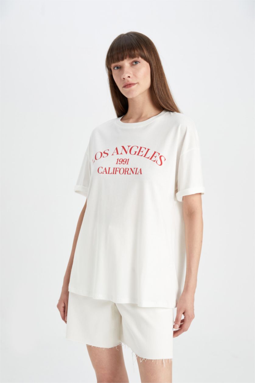 FEMME Écru T-Shirt Oversize imprimé à Manches Courtes à Col rond