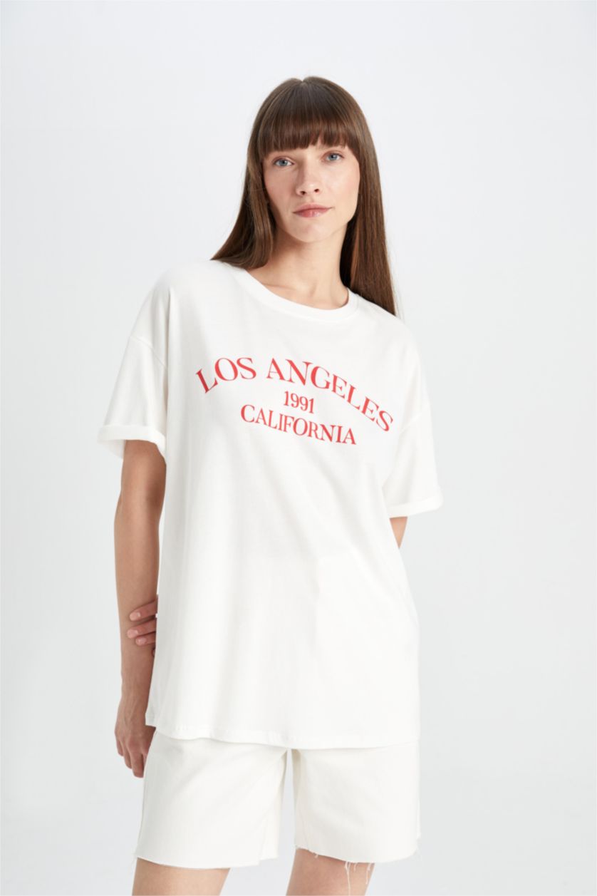 FEMME Écru T-Shirt Oversize imprimé à Manches Courtes à Col rond