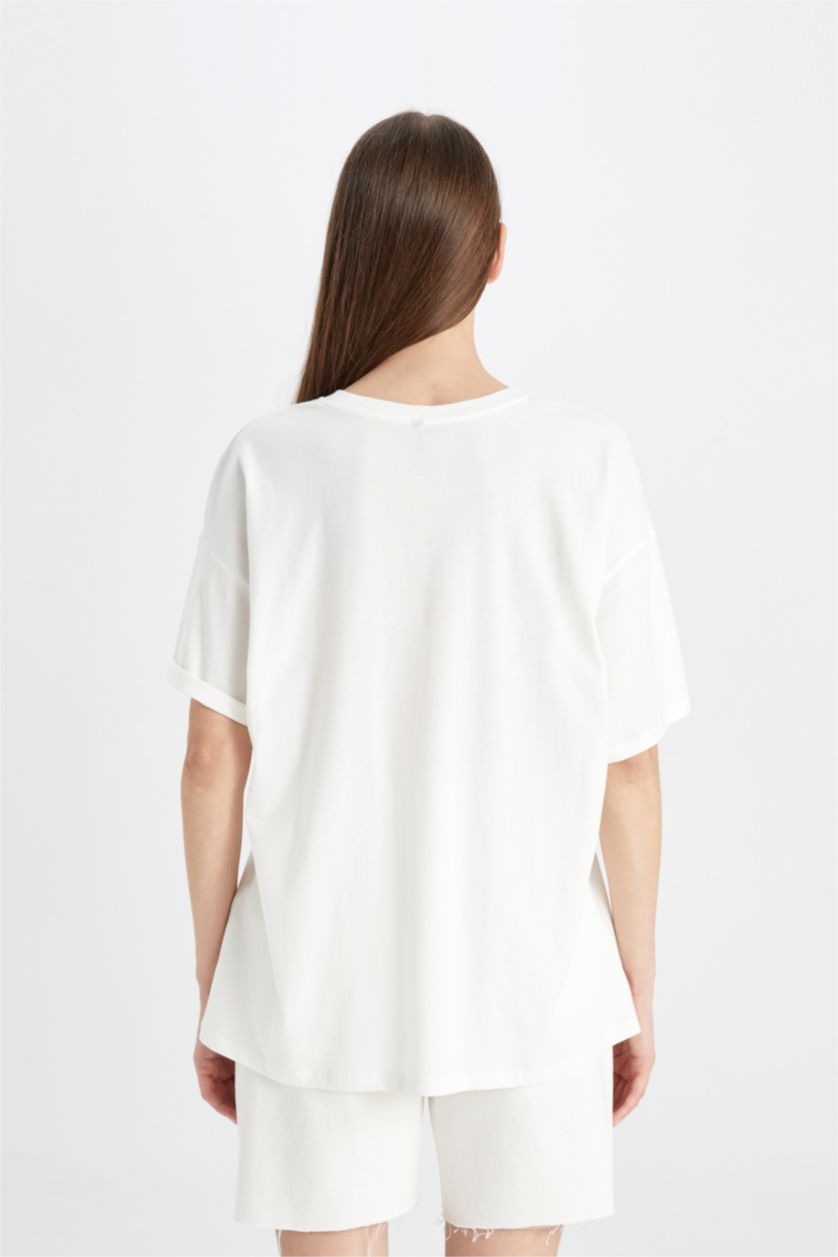 FEMME Écru T-Shirt Oversize imprimé à Manches Courtes à Col rond