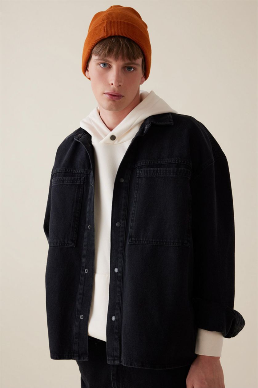 Man Black Oversize Polo Neck Denim Basic Black Shirt