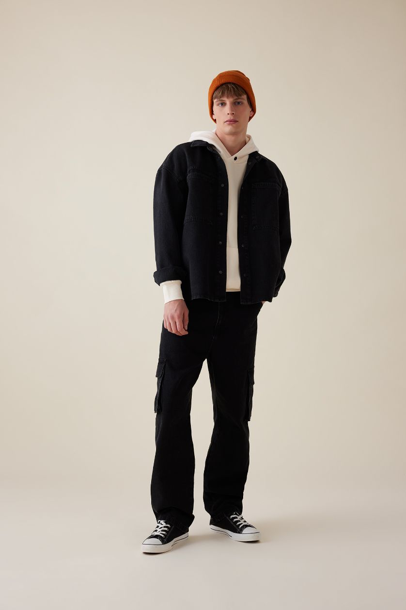 Man Black Oversize Polo Neck Denim Basic Black Shirt