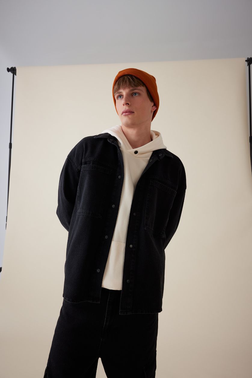 Man Black Oversize Polo Neck Denim Basic Black Shirt