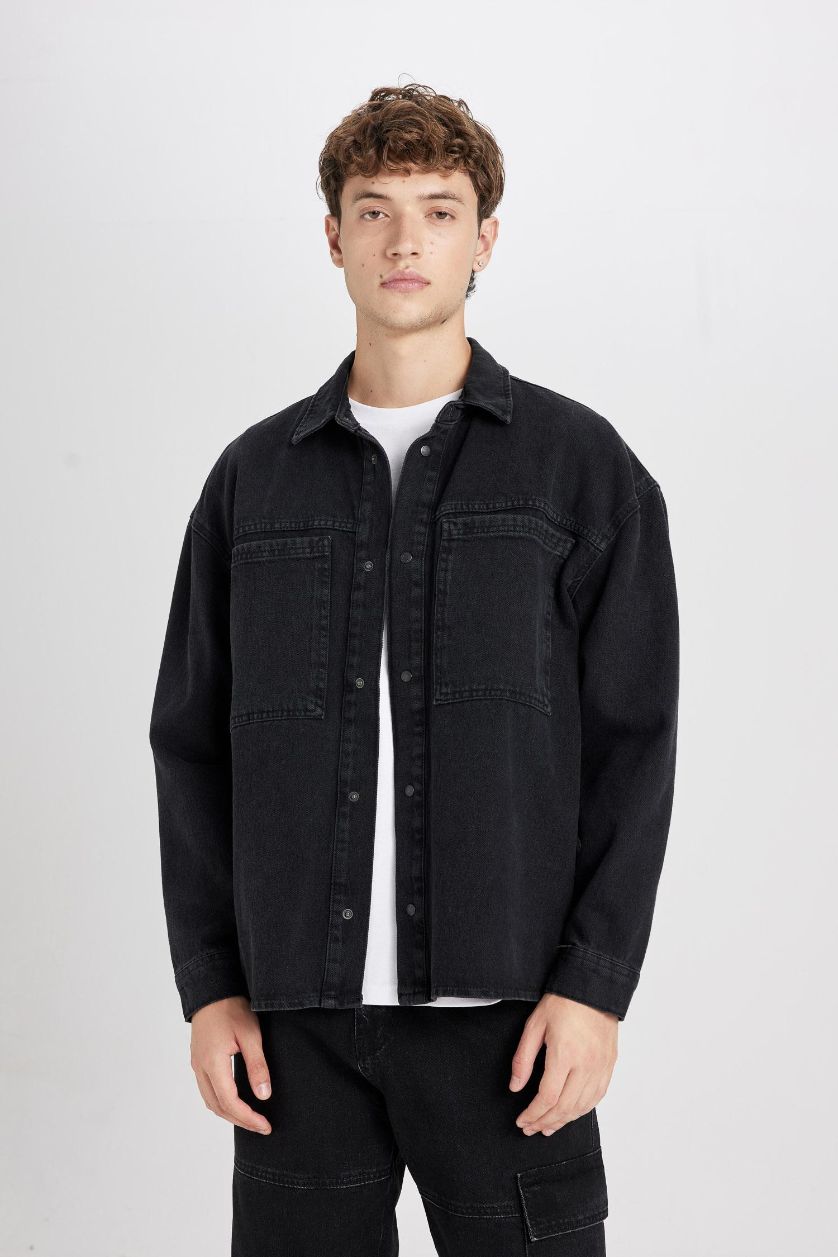 Man Black Oversize Polo Neck Denim Basic Black Shirt