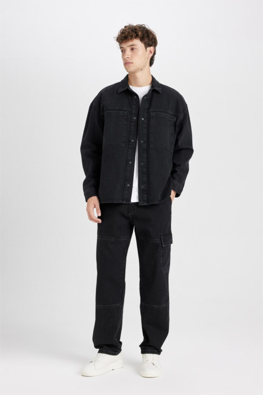 Man Black Oversize Polo Neck Denim Basic Black Shirt