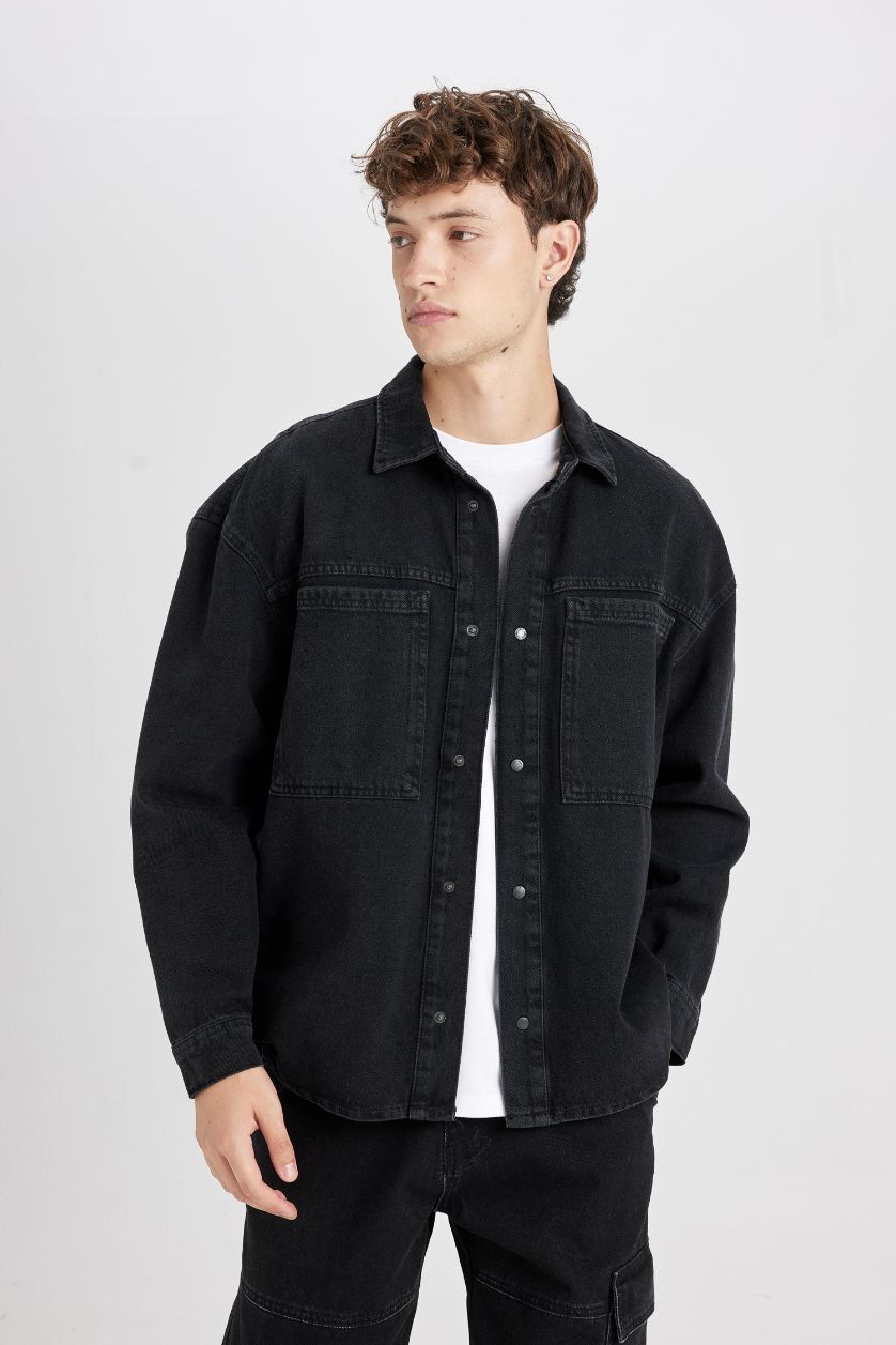 Man Black Oversize Polo Neck Denim Basic Black Shirt