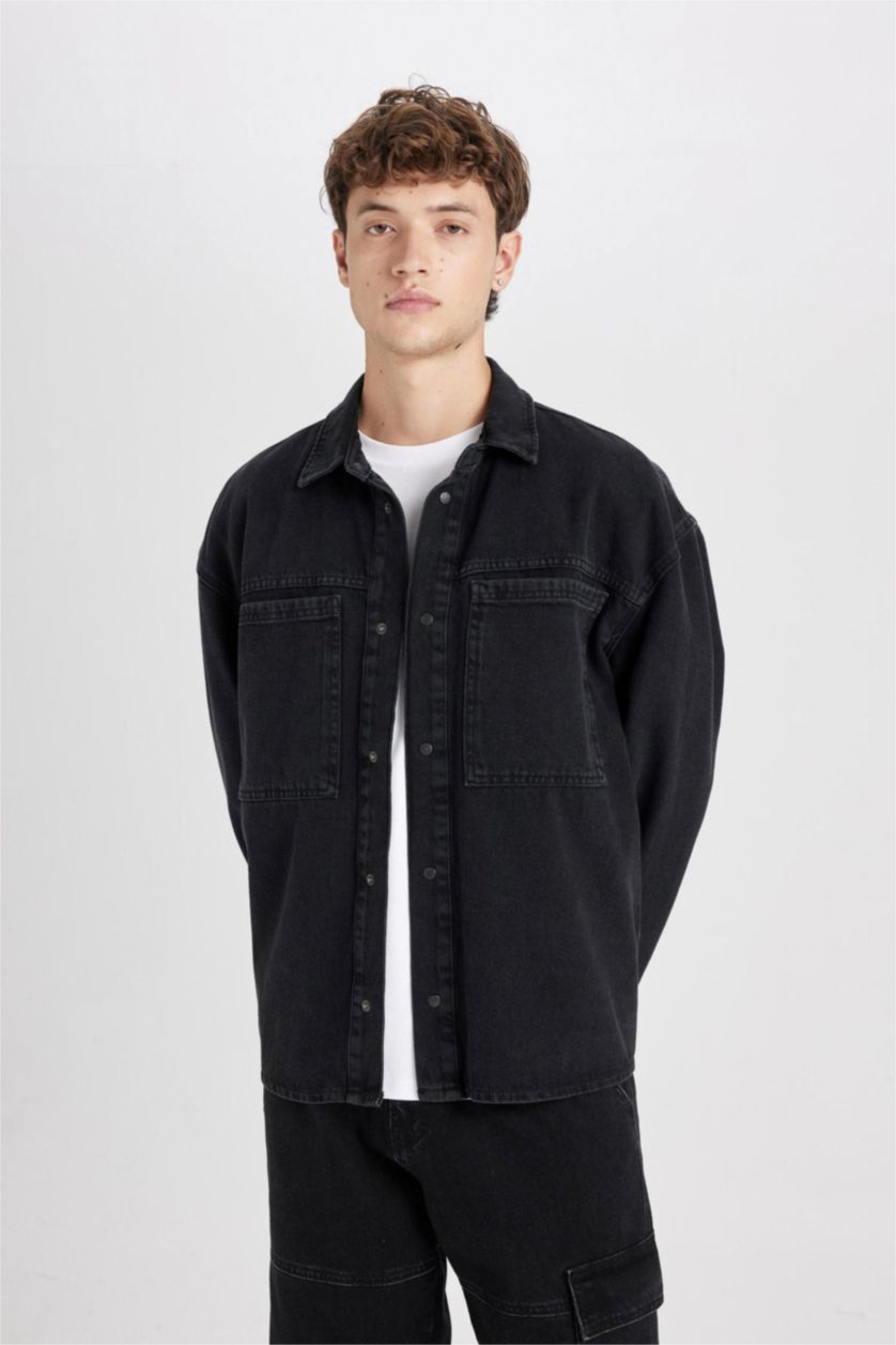 Man Black Oversize Polo Neck Denim Basic Black Shirt