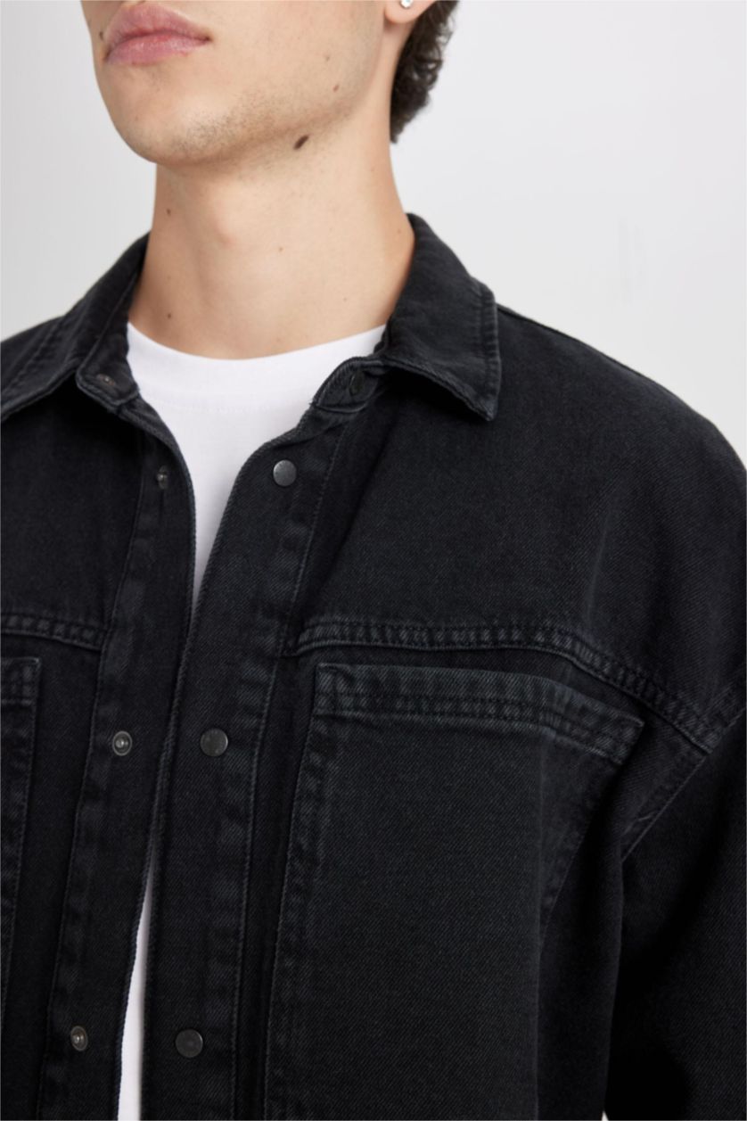 Man Black Oversize Polo Neck Denim Basic Black Shirt
