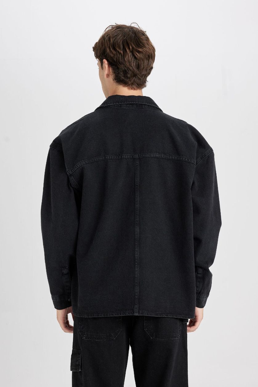 Man Black Oversize Polo Neck Denim Basic Black Shirt