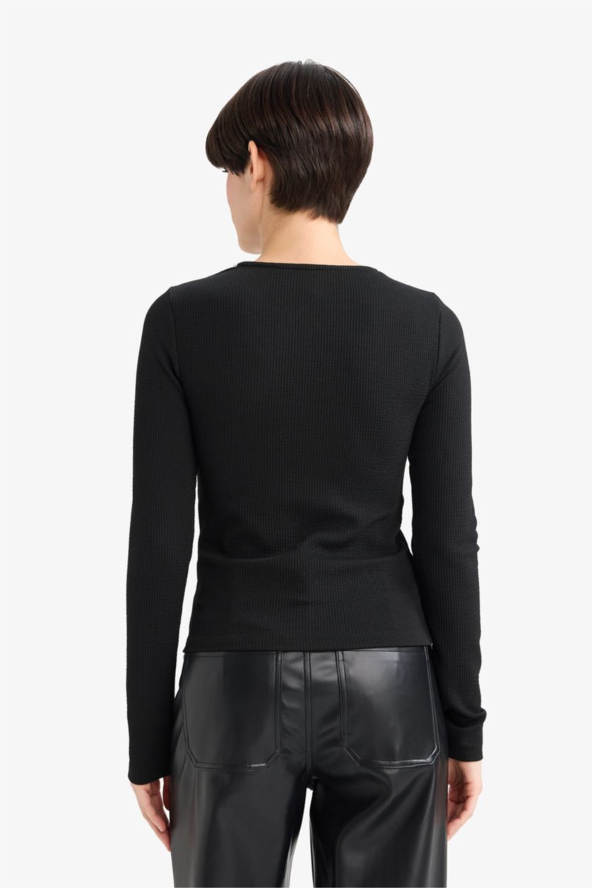 Kadın Siyah Slım Fıt Bisiklet Yaka Fitilli Kaşkorse Uzun Kollu Tişört