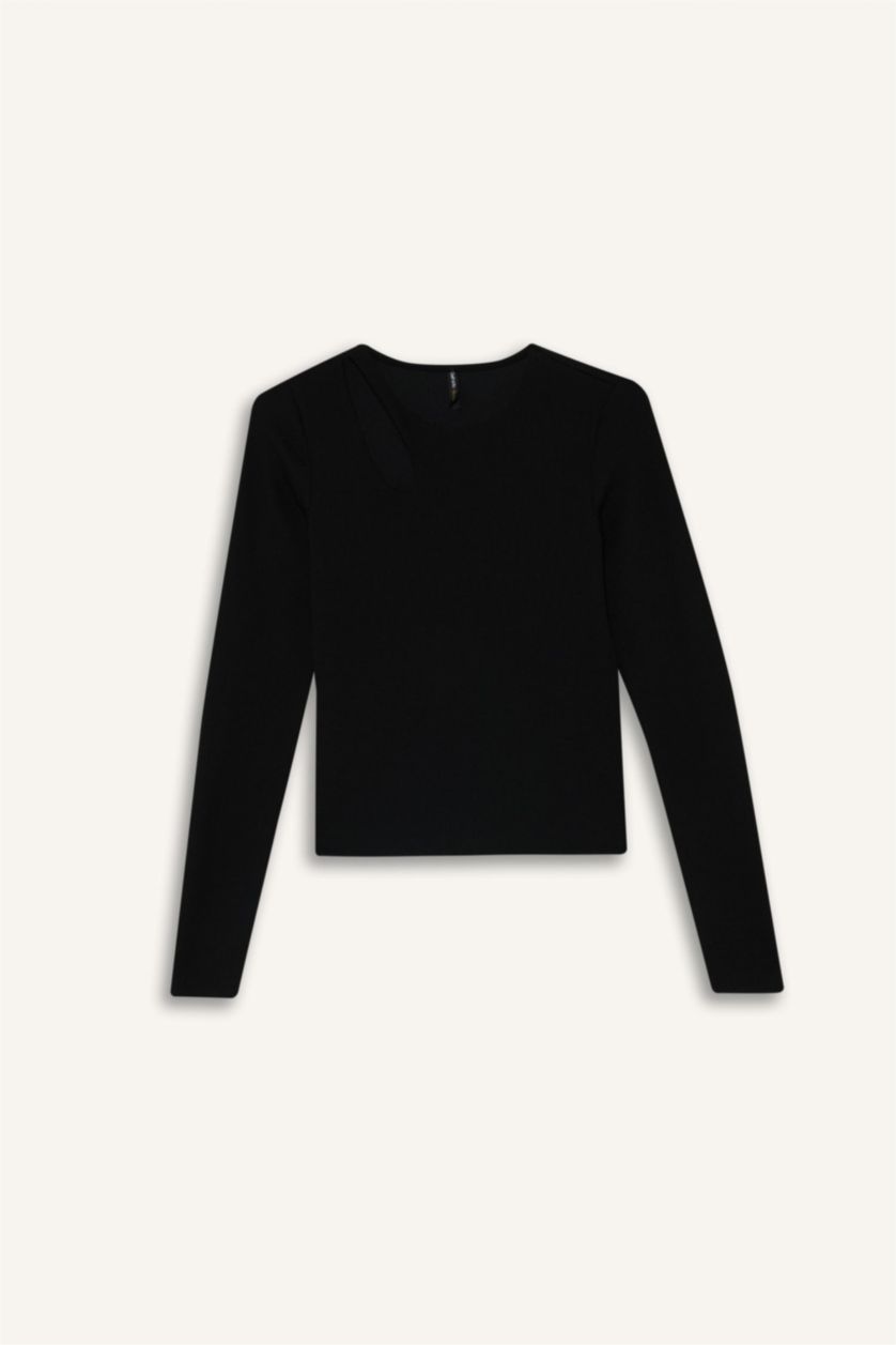 Kadın Siyah Slım Fıt Bisiklet Yaka Fitilli Kaşkorse Uzun Kollu Tişört