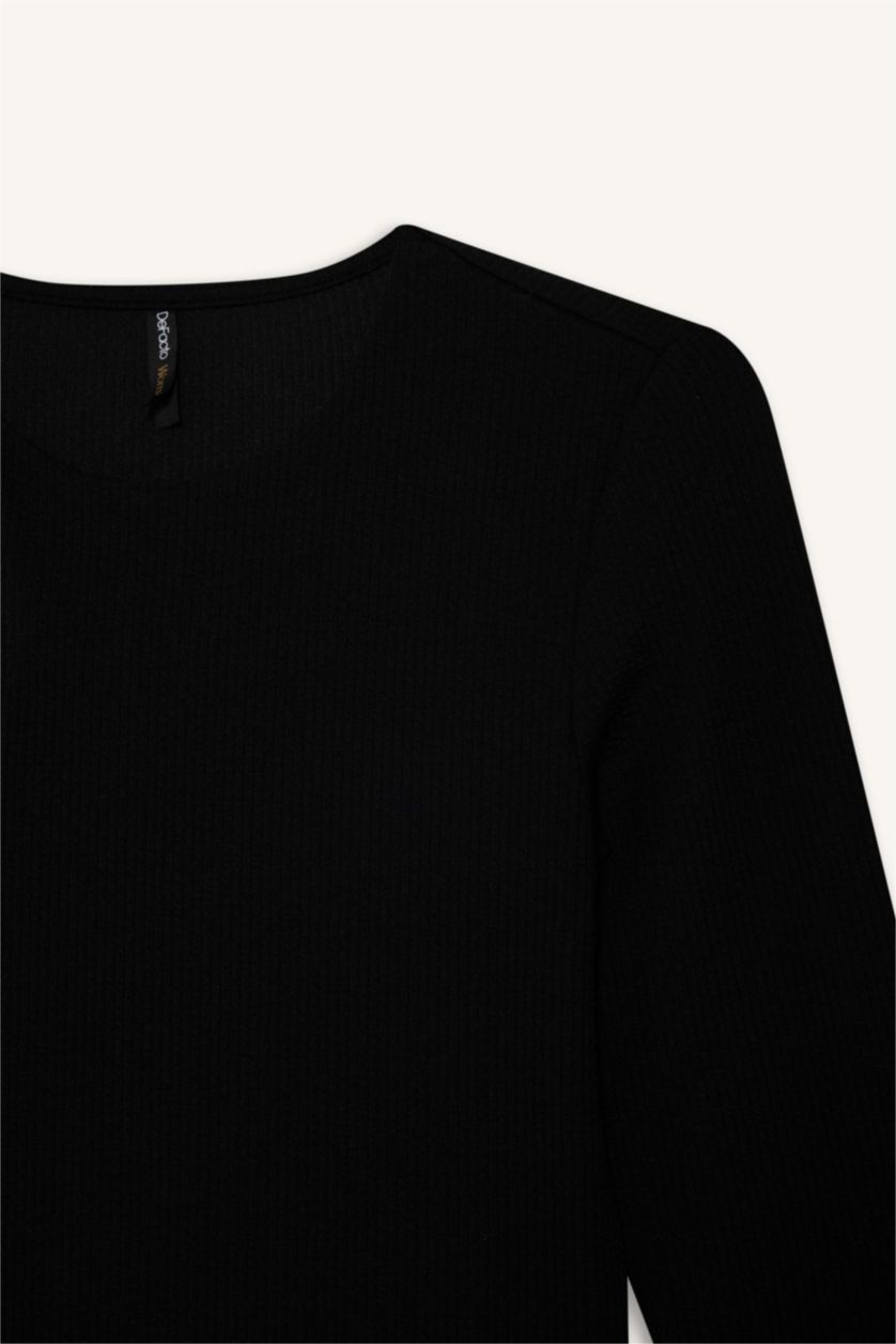 Kadın Siyah Slım Fıt Bisiklet Yaka Fitilli Kaşkorse Uzun Kollu Tişört