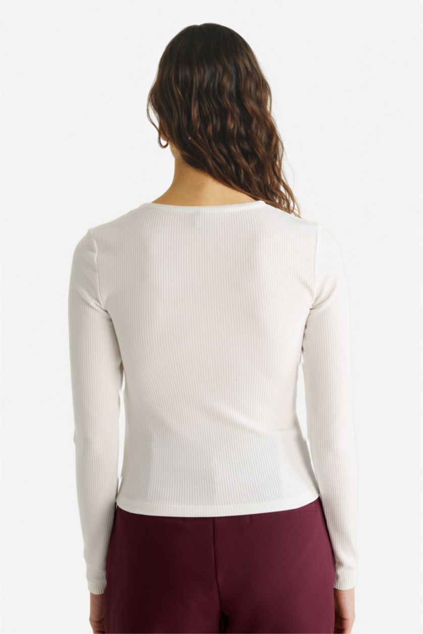 Женщины Бежевый Обтягивающая футболка с длинными рукавами и круглым вырезом