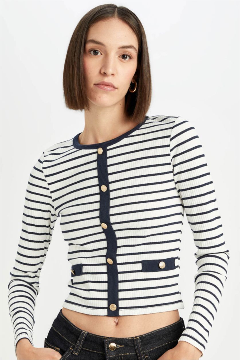 Kadın Lacivert Slim Fit Dar Kesim Bisiklet Yaka Çizgili Düğmeli Smart Fitilli Kaşkorse Uzun Kollu Tişört