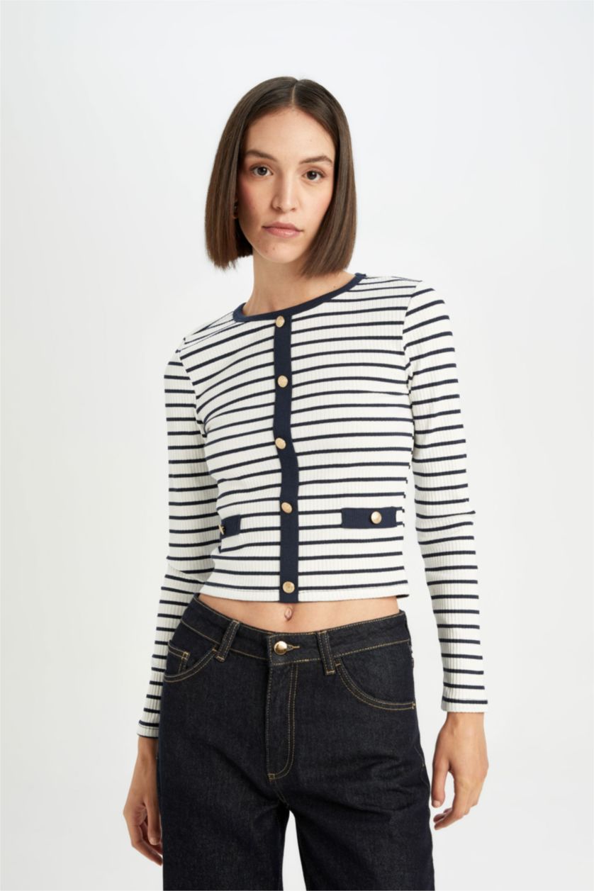 Kadın Lacivert Slim Fit Dar Kesim Bisiklet Yaka Çizgili Düğmeli Smart Fitilli Kaşkorse Uzun Kollu Tişört