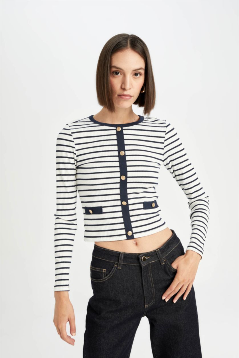 Kadın Lacivert Slim Fit Dar Kesim Bisiklet Yaka Çizgili Düğmeli Smart Fitilli Kaşkorse Uzun Kollu Tişört