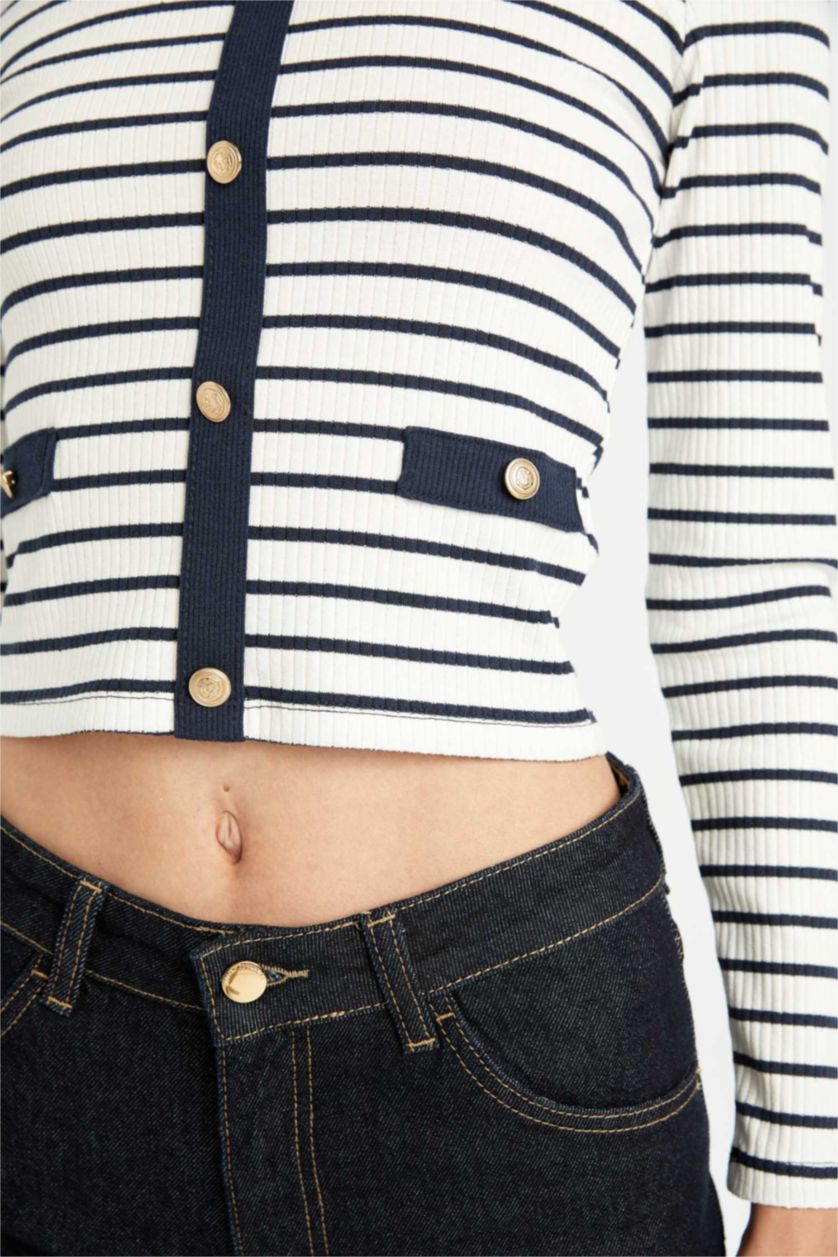 Kadın Lacivert Slim Fit Dar Kesim Bisiklet Yaka Çizgili Düğmeli Smart Fitilli Kaşkorse Uzun Kollu Tişört