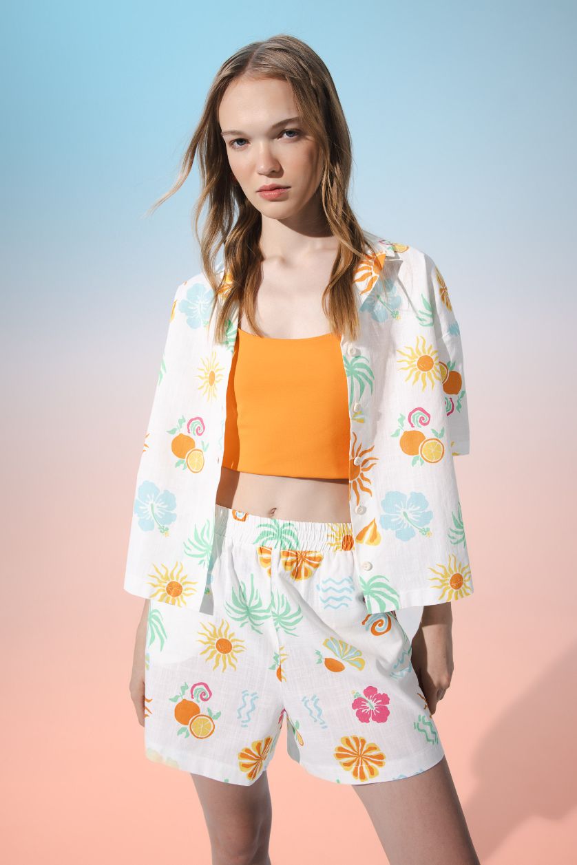 Kadın Beyaz Coool Oversize Geniş Kalıp Desenli Pijama Yaka Kısa Kollu Gömlek