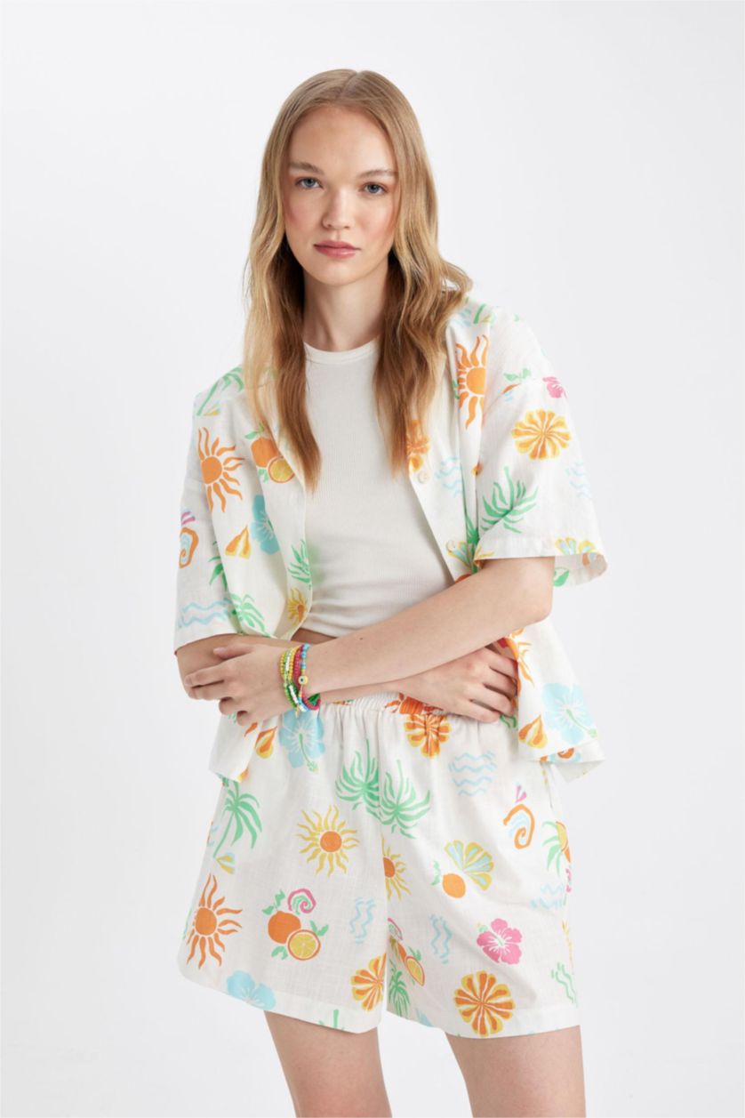 Kadın Beyaz Coool Oversize Geniş Kalıp Desenli Pijama Yaka Kısa Kollu Gömlek