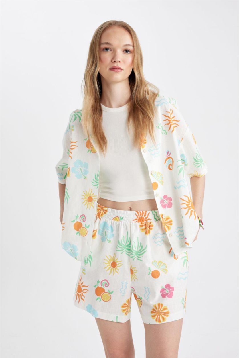 Kadın Beyaz Coool Oversize Geniş Kalıp Desenli Pijama Yaka Kısa Kollu Gömlek