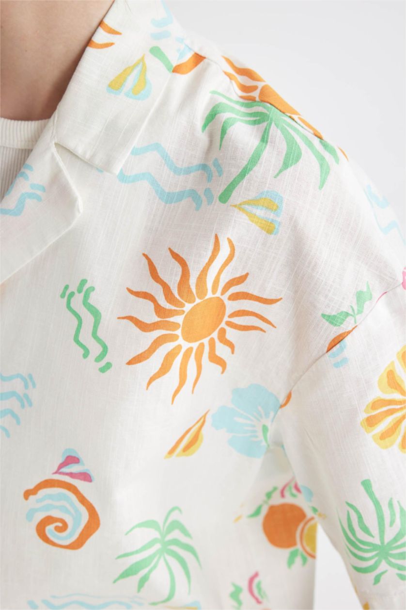 Kadın Beyaz Coool Oversize Geniş Kalıp Desenli Pijama Yaka Kısa Kollu Gömlek