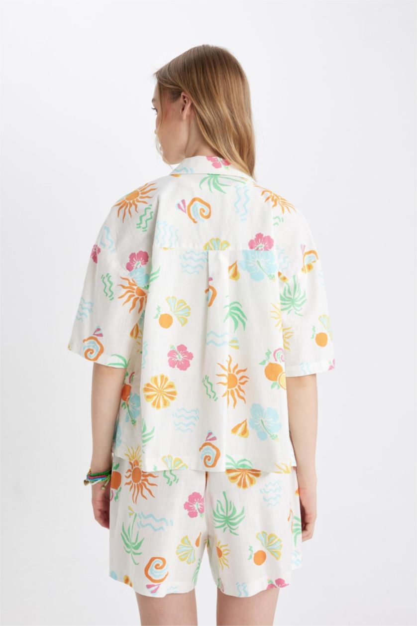 Kadın Beyaz Coool Oversize Geniş Kalıp Desenli Pijama Yaka Kısa Kollu Gömlek